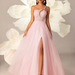 Elegant One Shoulder Beaded Decoration Sheer Mesh High Slit Party Prom Maxi Dress