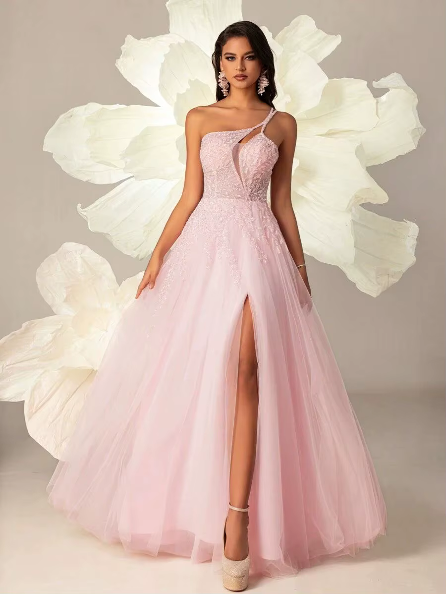 Elegant One Shoulder Beaded Decoration Sheer Mesh High Slit Party Prom Maxi Dress