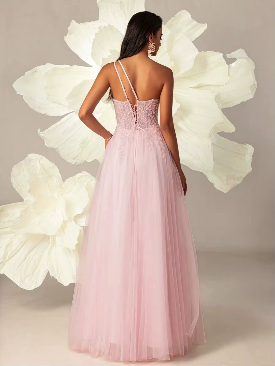 Elegant One Shoulder Beaded Decoration Sheer Mesh High Slit Party Prom Maxi Dress - Image 2