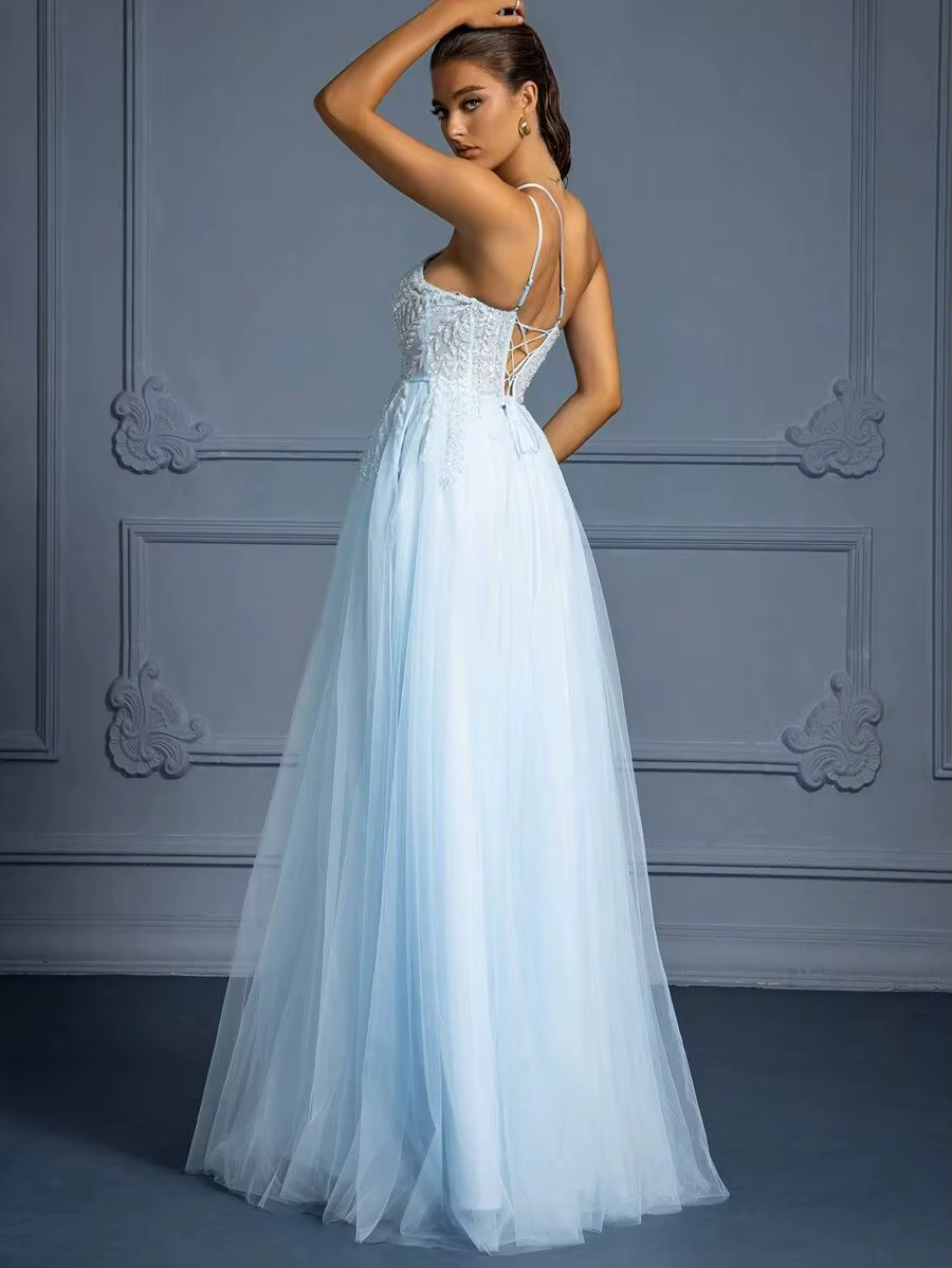 Elegant One Shoulder Beaded Decoration Sheer Mesh High Slit Party Prom Maxi Dress - Image 4