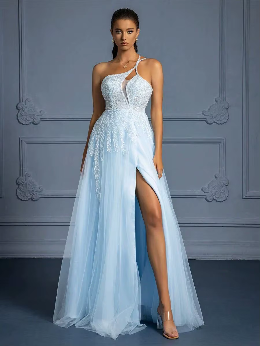 Elegant One Shoulder Beaded Decoration Sheer Mesh High Slit Party Prom Maxi Dress - Image 3
