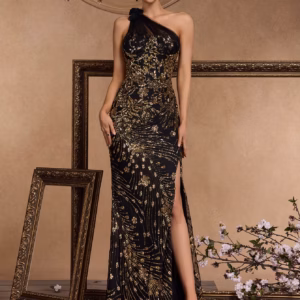 Elegant One Shoulder Sequins Slit Wedding Party Maxi Dress