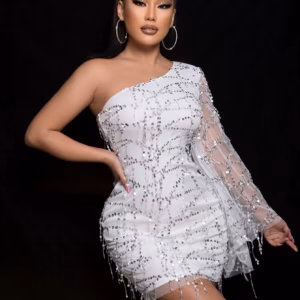 Elegant One Shoulder Trumpet Sleeve Sequin Dress Bodycon Mini Dress