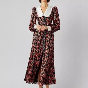 Elegant Peter Pan Collar Vintage Bishop Floral Sleeve Long Dress