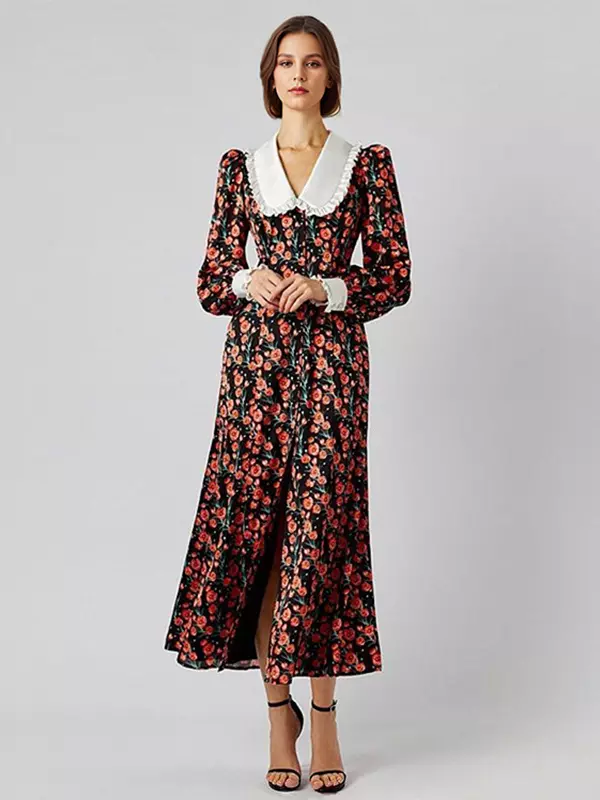 Elegant Peter Pan Collar Vintage Bishop Floral Sleeve Long Dress