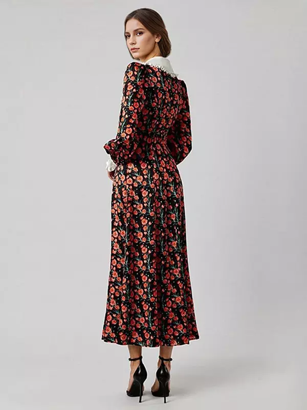 Elegant Peter Pan Collar Vintage Bishop Floral Sleeve Long Dress - Image 3