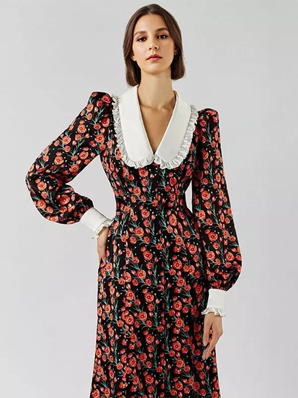 Elegant Peter Pan Collar Vintage Bishop Floral Sleeve Long Dress - Image 2
