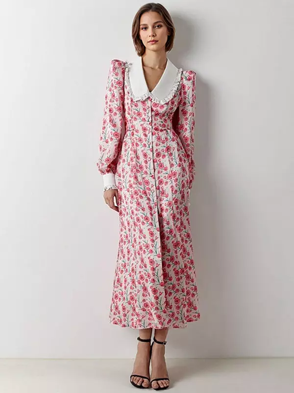 Elegant Peter Pan Collar Vintage Bishop Floral Sleeve Long Dress - Image 4