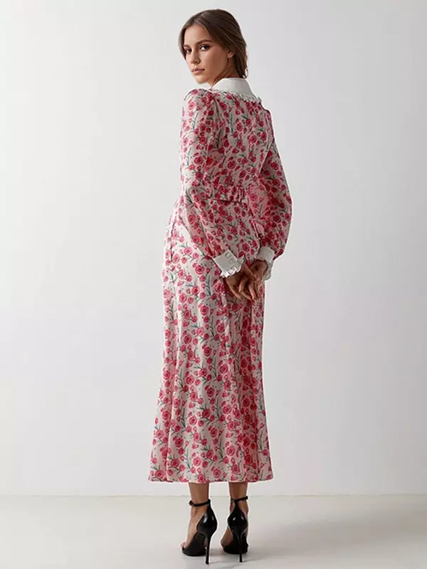 Elegant Peter Pan Collar Vintage Bishop Floral Sleeve Long Dress - Image 7