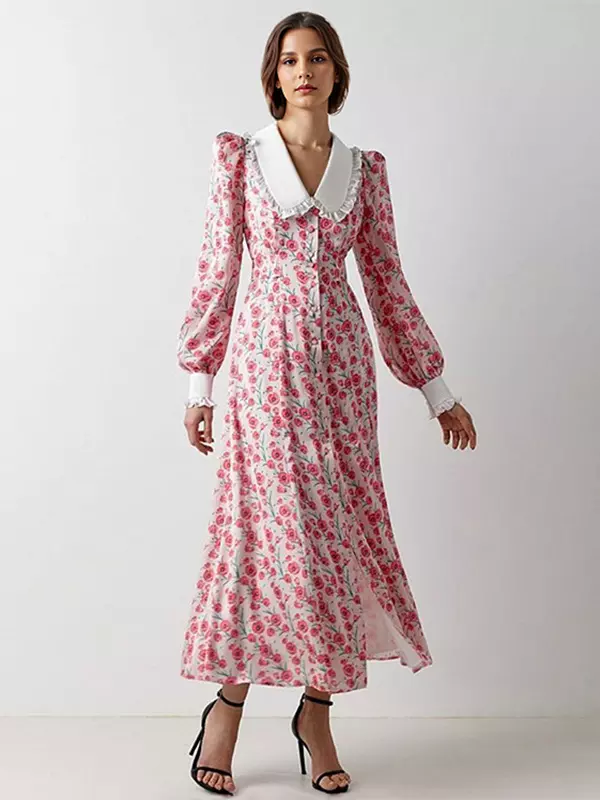 Elegant Peter Pan Collar Vintage Bishop Floral Sleeve Long Dress - Image 5