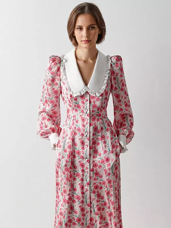 Elegant Peter Pan Collar Vintage Bishop Floral Sleeve Long Dress - Image 6