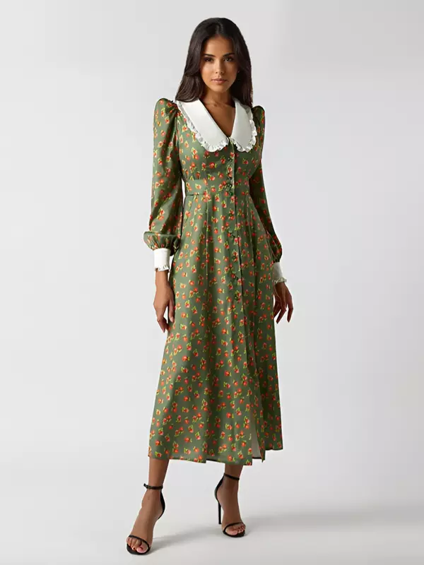 Elegant Peter Pan Collar Vintage Bishop Floral Sleeve Long Dress - Image 8
