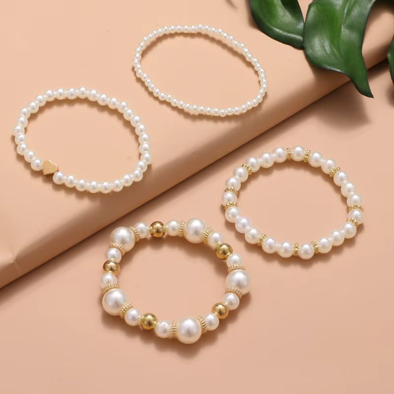 Elegant Plastic Heart Beaded Beautiful Versatile Pearl Love Bracelet Set of 4 - Image 5
