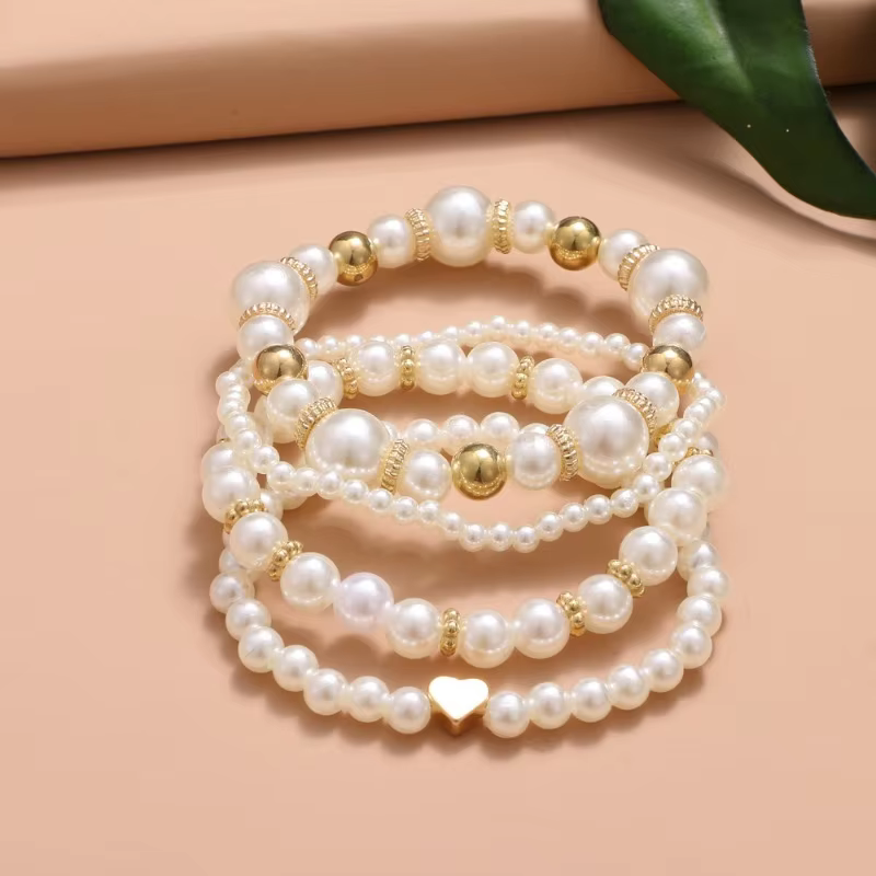 Elegant Plastic Heart Beaded Beautiful Versatile Pearl Love Bracelet Set of 4 - Image 4