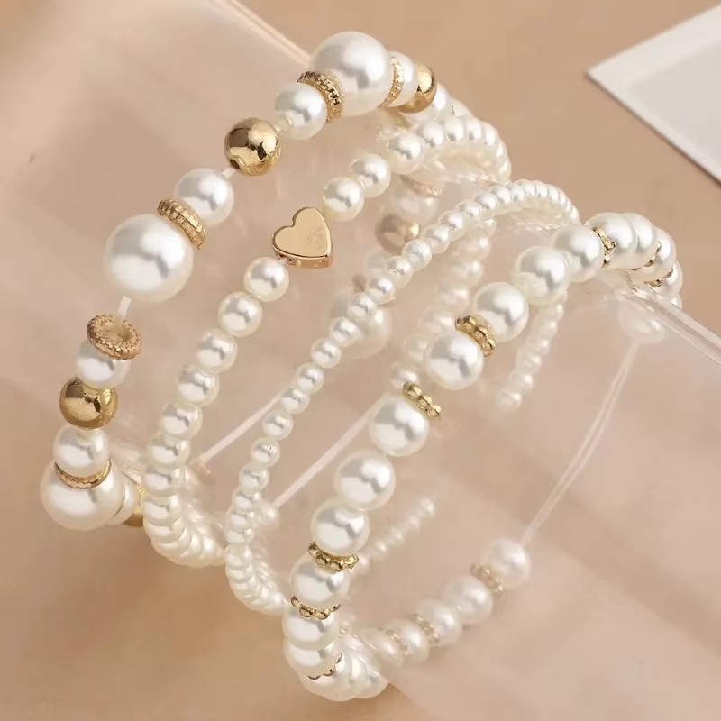 Elegant Plastic Heart Beaded Beautiful Versatile Pearl Love Bracelet Set of 4 - Image 2