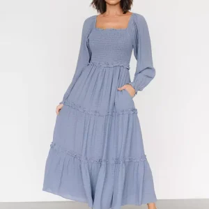 Elegant Pockets Puff Sleeve Tiered Ruffle Square Neck Long Maxi Dress