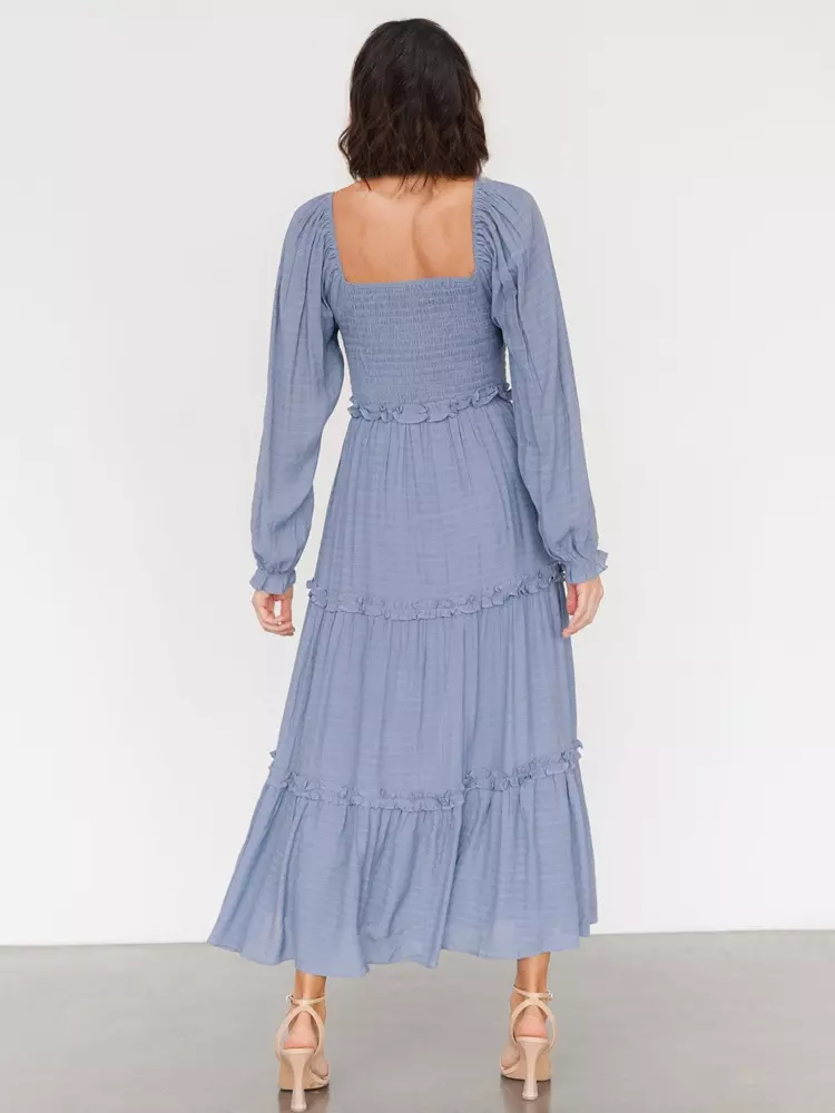 Elegant Pockets Puff Sleeve Tiered Ruffle Square Neck Long Maxi Dress - Image 4