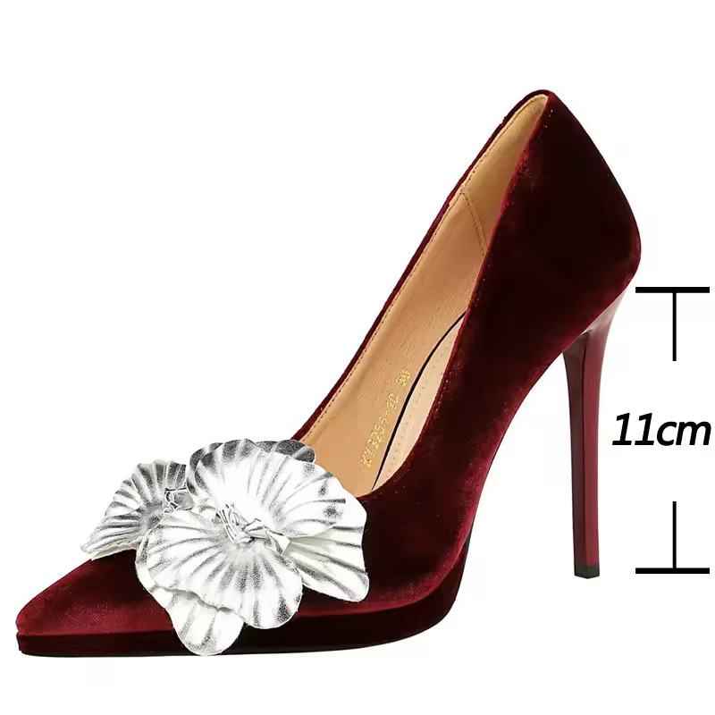 Elegant Pointed Toe SLIP-ON Upper Flower Design Stiletto Pumps Thin Heels - Image 5