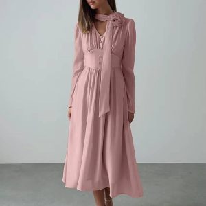 Elegant Pullover High Waist Pleated V-Neck Long Sleeve Midi Dress1 Elegant Pullover High Waist Pleated V-Neck Long Sleeve Midi Dress