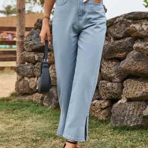 Elegant Raised Cowboy Split Front Waist Denim Bottoms Jeans