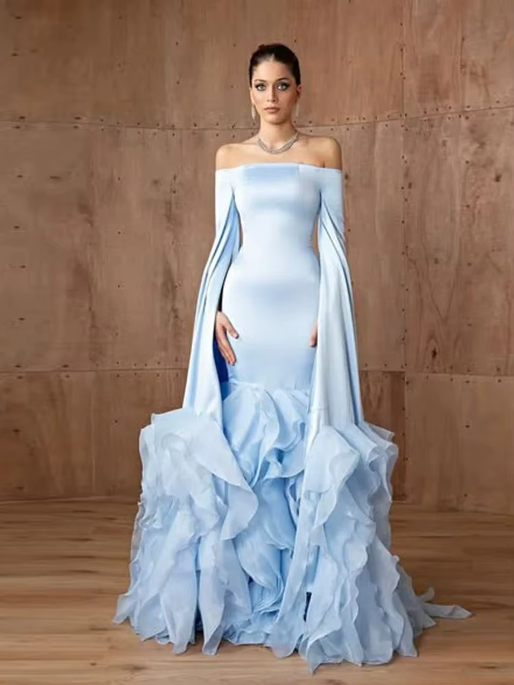 Elegant Ruched Bottom Boat Neckline Long Sleeves Maxi Dress