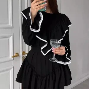 Elegant Ruffled Long Sleeve A-line Skater Mini Dress