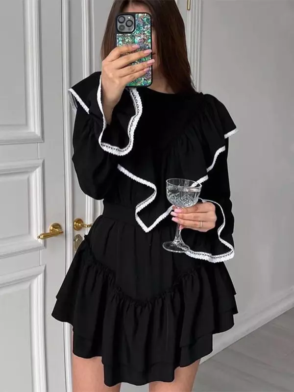 Elegant Ruffled Long Sleeve A-line Skater Mini Dress