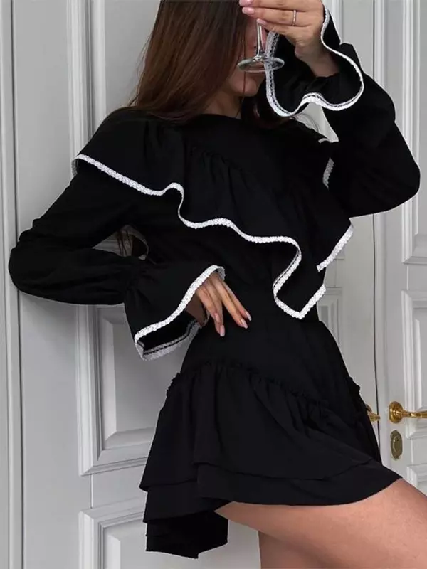Elegant Ruffled Long Sleeve A-line Skater Mini Dress - Image 3
