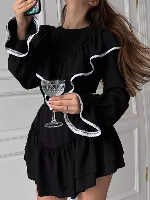 Elegant Ruffled Long Sleeve A-line Skater Mini Dress - Image 4