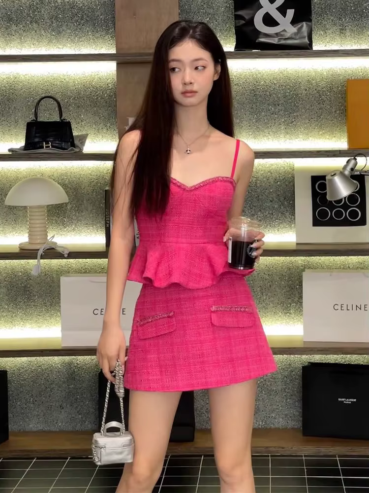 Elegant Ruffles Slim Top And High Waist Mini Skirt High Quality Tweed 2 Piece Set
