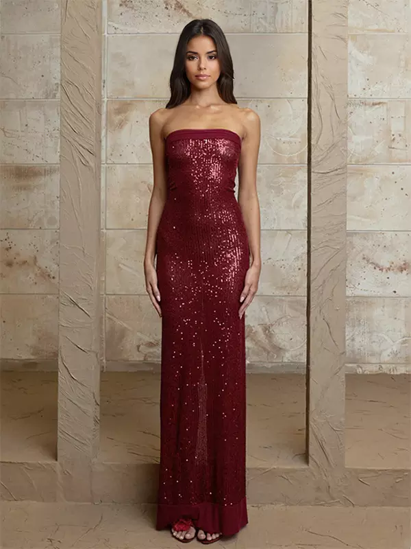 Elegant Sequin Strapless Solid Color Back Slit Long Maxi Dress - Image 4