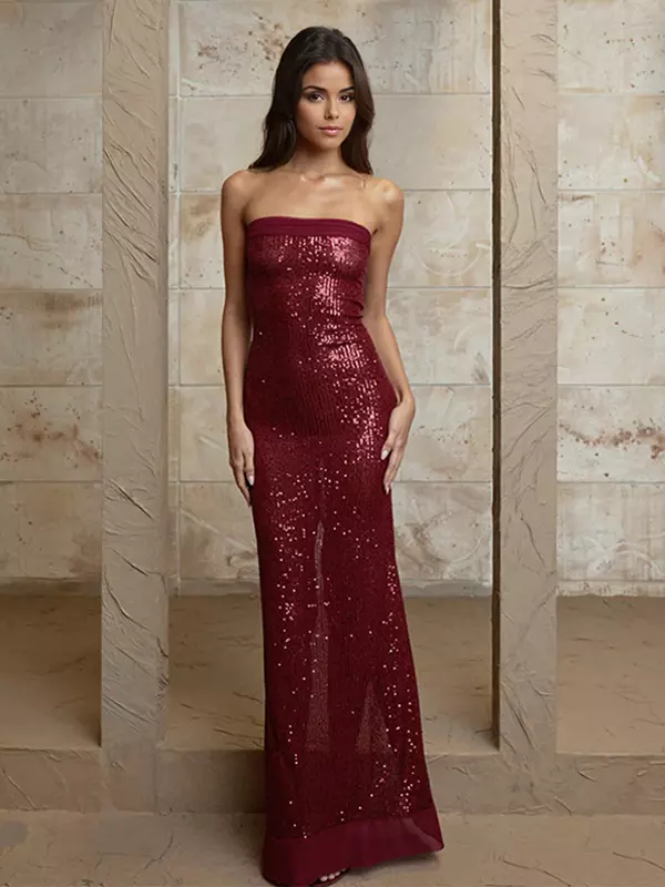 Elegant Sequin Strapless Solid Color Back Slit Long Maxi Dress - Image 5