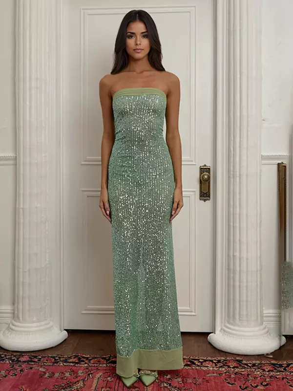 Elegant Sequin Strapless Solid Color Back Slit Long Maxi Dress - Image 7