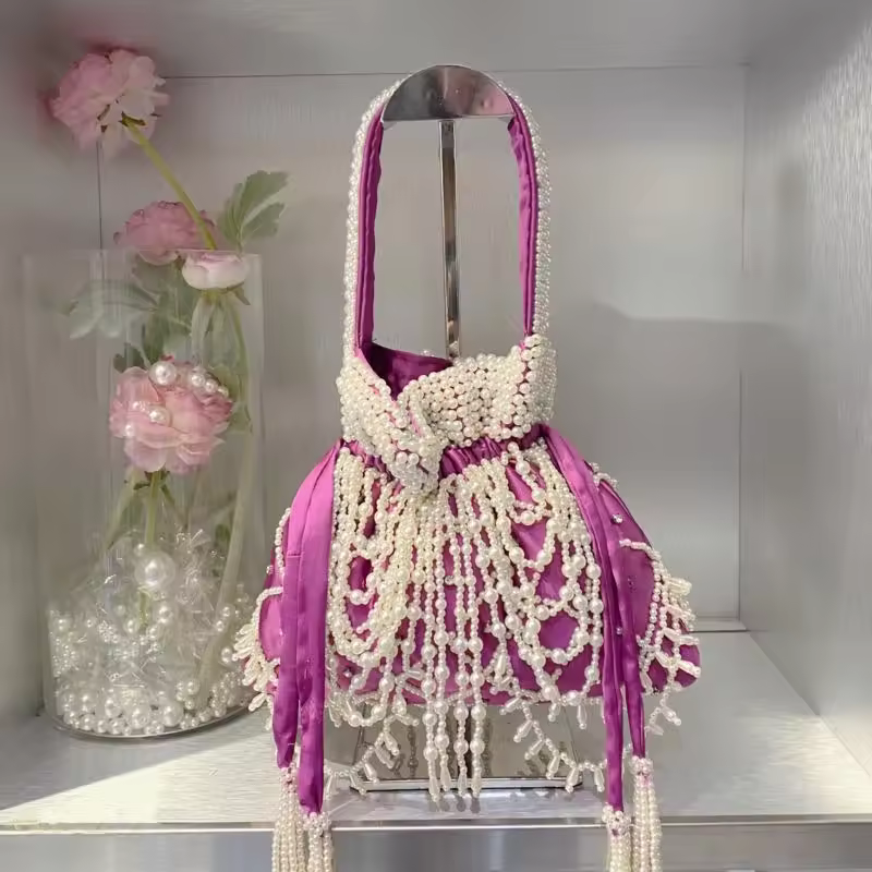 Elegant Silk Pearl Sweet Bucket Evening Party Bag
