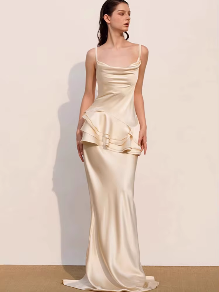 Elegant Sleeveless Backless Long Sling Ruffles Slim Evening Party Maxi Dress