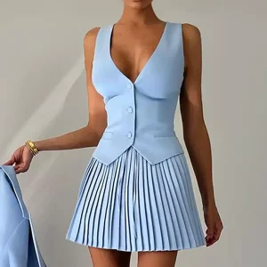 Elegant Slim Fit V-neck Vest And Pleated Skirt Two Piece Set