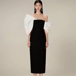 Elegant Slim Waist Backless Patchwork Bow Package Hip Midi Dress