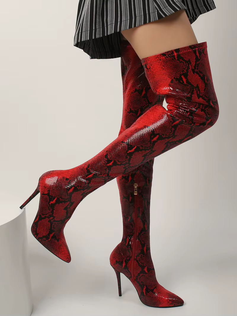 Elegant Snake Pattern Side Zip Knee Knight Pointed Toe Thigh High Boots