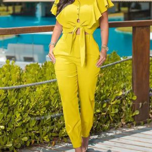 Elegant Solid Ruffles Knotted Design Crop Top and High Waist Pants 2 Piece Set