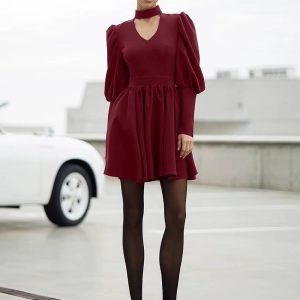 Elegant Stand Collar Long Sleeve High Waist Pleated Mini Dress