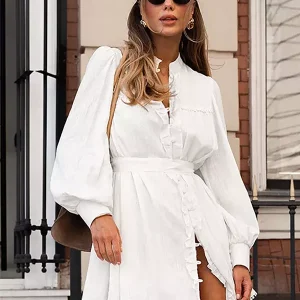 Elegant Stand Collar Long Sleeve Puff Sleeve Shirt Belted Mini Dress