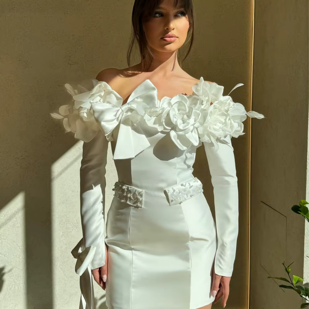 Elegant Strapless Long Sleeves Pearls One Shoulder Formal Evening Prom Dresses - Image 2