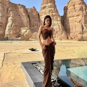 Elegant Strapless Sleeveless Top High Waist Slimming Skirt 2 Piece Set