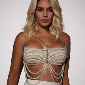 Elegant V-neck Beaded Body Solid color Chain Crop Top