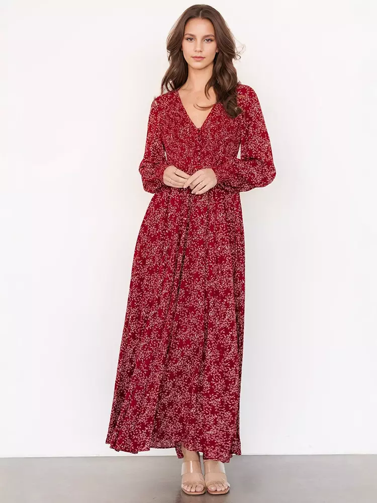 Elegant V-neck Boho Bishop Sleeve Floral Maxi Dress - Image 4