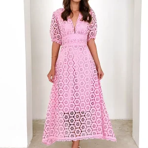 Elegant V-neck Puff Sleeve Solid Color A-line Lace Midi Dress