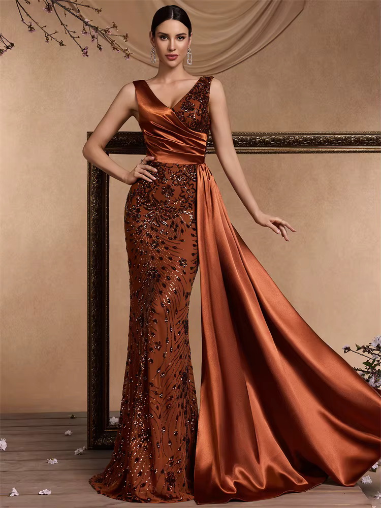 Elegant V-neck Splice Sequins Mermaid Floor-Length Maxi Dress