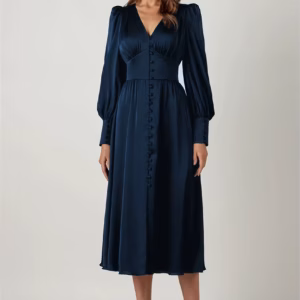 Elegant V-neck Waist Cinched Satin Solid Color Office Lady Dresses