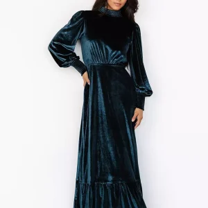 Elegant Velvet High Neck Vintage Bishop Sleeve Maxi Dress