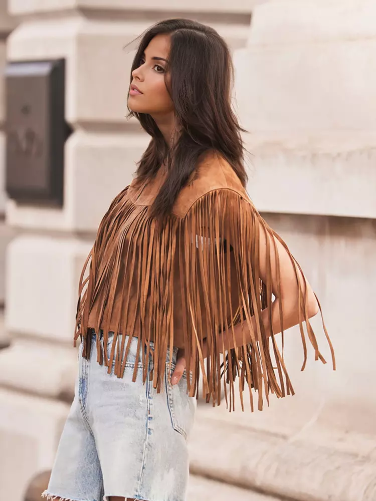 Elegant Western Cowgirl Fringe Vest Crew Neck Bohemian Suede Jacket - Image 2